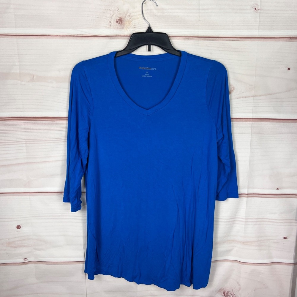 Denim 24/7 Top Womens 14W 16W Blue V-Neck T-Shirt 3/4 Sleeve Tunic Solid Jersey